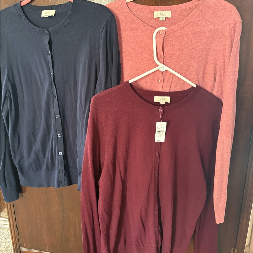 3 LOFT Cardigans burgundy, blue and mauve. Size XL.